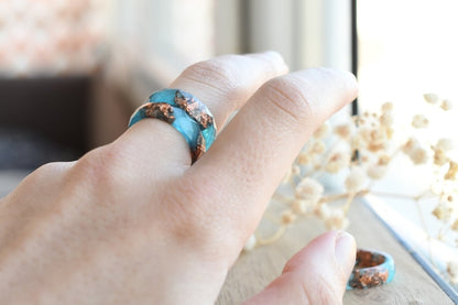 Handcrafted Blue Resin Ring with Rose Gold Leaf – Dainty Stacking & Promise Ring – Unique Alternative Engagement Band