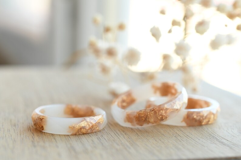 White Faceted Resin Ring With Gold Flakes - Purity Ring - Alternative Engagement Ring - Resin Jewelry