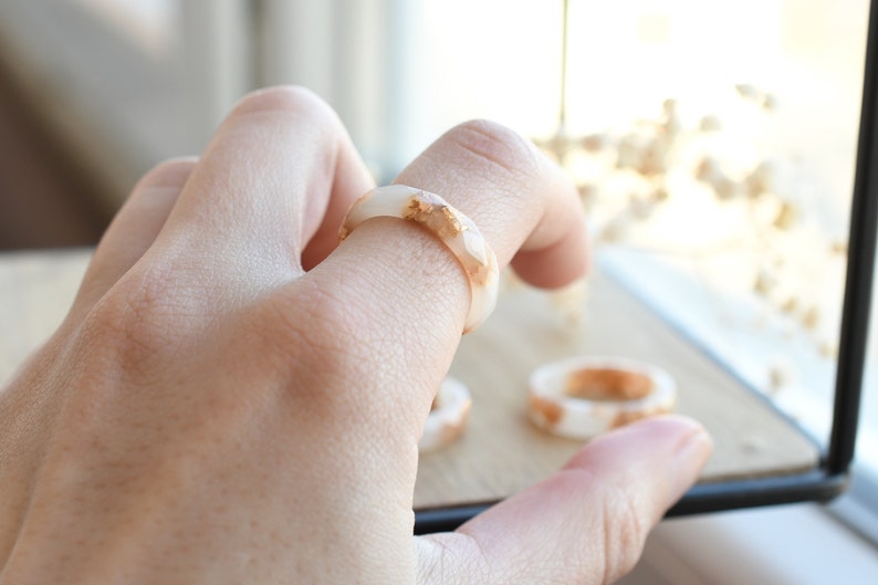 White Faceted Resin Ring With Gold Flakes - Purity Ring - Alternative Engagement Ring - Resin Jewelry