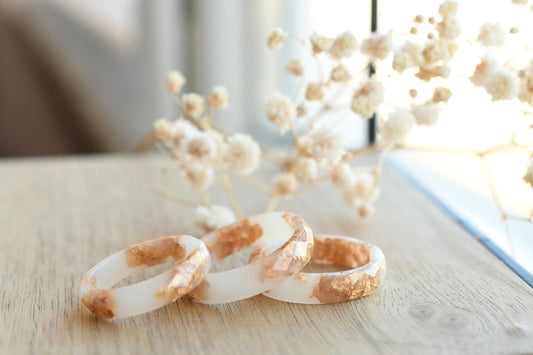White Faceted Resin Ring With Gold Flakes - Purity Ring - Alternative Engagement Ring - Resin Jewelry