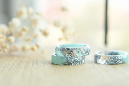 Mint and Transparent Faceted Resin Ring With Silver Flakes - Alternative Engagement Ring - Purity Ring - Resin Jewelry