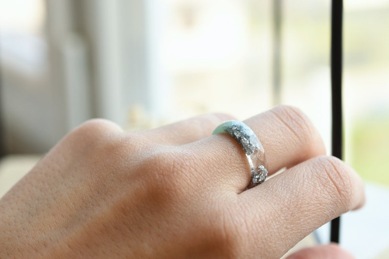 Mint and Transparent Faceted Resin Ring With Silver Flakes - Alternative Engagement Ring - Purity Ring - Resin Jewelry