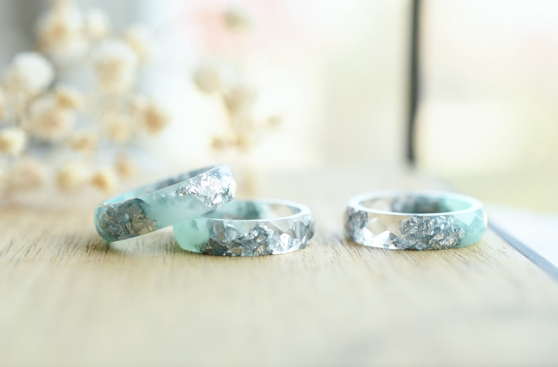 Mint and Transparent Faceted Resin Ring With Silver Flakes - Alternative Engagement Ring - Purity Ring - Resin Jewelry