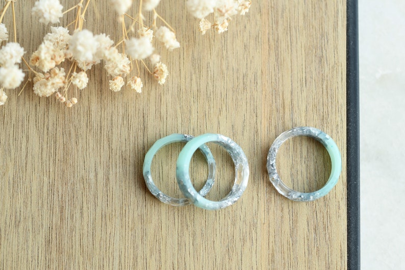 Mint and Transparent Faceted Resin Ring With Silver Flakes - Alternative Engagement Ring - Purity Ring - Resin Jewelry