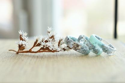 Mint and Transparent Faceted Resin Ring With Silver Flakes - Alternative Engagement Ring - Purity Ring - Resin Jewelry