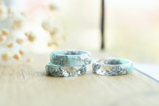 Mint and Transparent Faceted Resin Ring With Silver Flakes - Alternative Engagement Ring - Purity Ring - Resin Jewelry