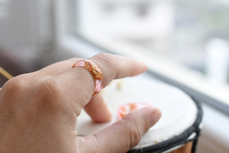 Pink Faceted Ring with Gold Flakes - Dainty Promise Ring for Her - Resin Stacking Ring - Resin Jewelry
