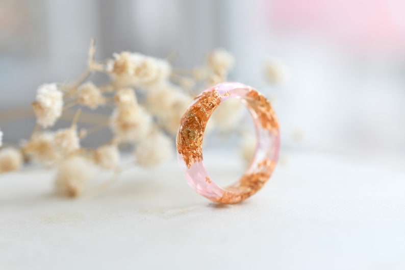 Pink Faceted Ring with Gold Flakes - Dainty Promise Ring for Her - Resin Stacking Ring - Resin Jewelry