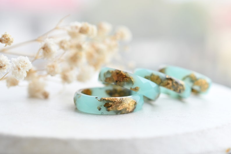 Turquoise Faceted Resin Ring With Gold Flakes - Purity Rings For Women - Faceted Ring - Resin Jewelry
