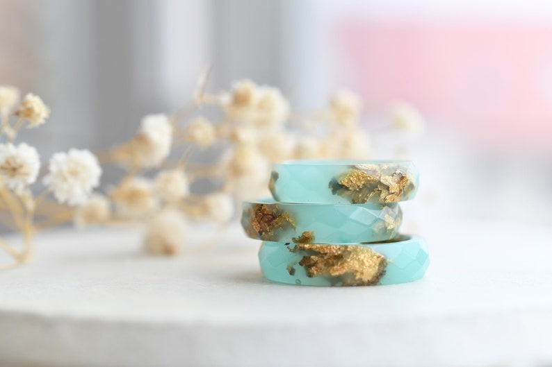 Turquoise Faceted Resin Ring With Gold Flakes - Purity Rings For Women - Faceted Ring - Resin Jewelry