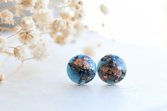 Blue Stud Earrings with Copper Flakes - Surgical Steel Post Earrings - Resin Jewelry