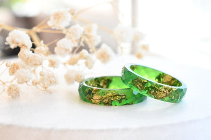 Radiant Green Resin Ring with Gold Flakes - Handmade Promise Ring