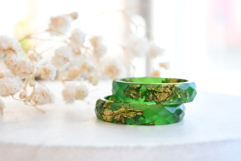 Radiant Green Resin Ring with Gold Flakes - Handmade Promise Ring