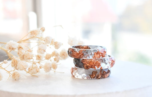 Grey and Transparent Faceted Resin Ring With Rose Gold Leaf - Alternative Engagement Rings - Men's Ring - Resin Jewelry