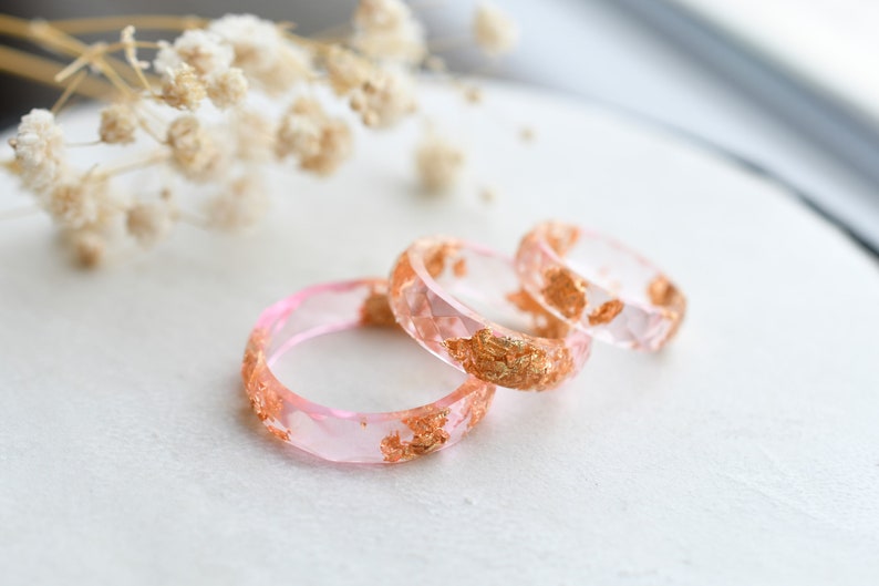 Pink Faceted Ring with Gold Flakes - Dainty Promise Ring for Her - Resin Stacking Ring - Resin Jewelry