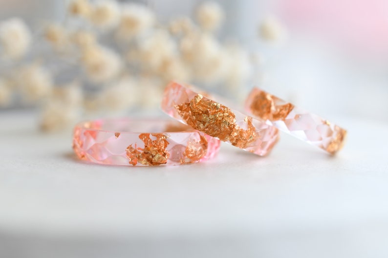 Pink Faceted Ring with Gold Flakes - Dainty Promise Ring for Her - Resin Stacking Ring - Resin Jewelry