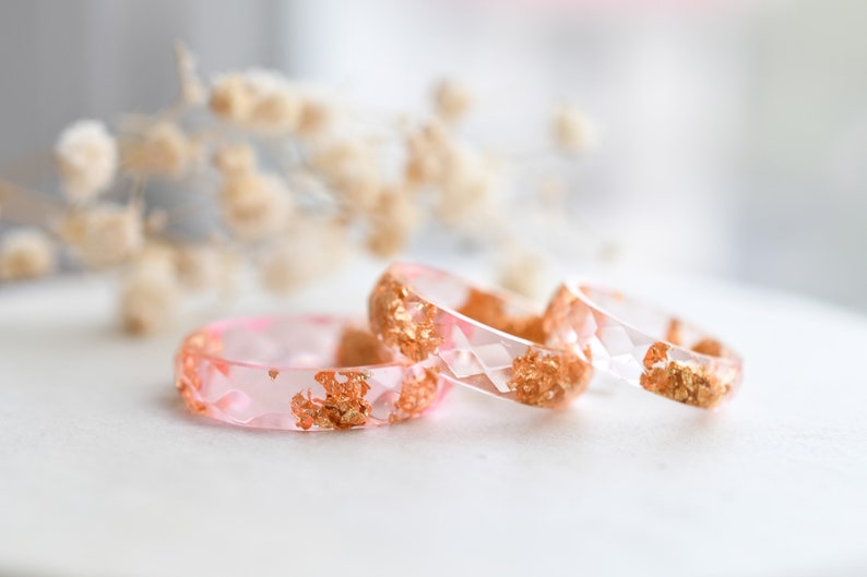 Pink Faceted Ring with Gold Flakes - Dainty Promise Ring for Her - Resin Stacking Ring - Resin Jewelry