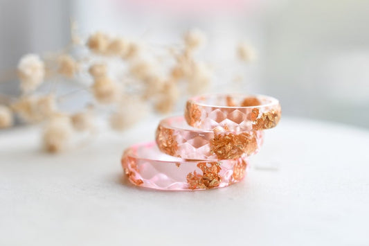 Pink Faceted Ring with Gold Flakes - Dainty Promise Ring for Her - Resin Stacking Ring - Resin Jewelry