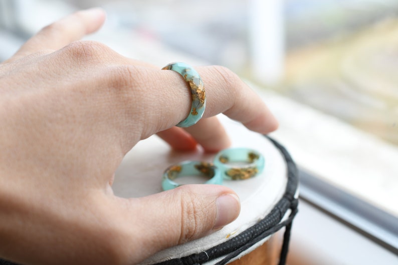 Turquoise Faceted Resin Ring With Gold Flakes - Purity Rings For Women - Faceted Ring - Resin Jewelry