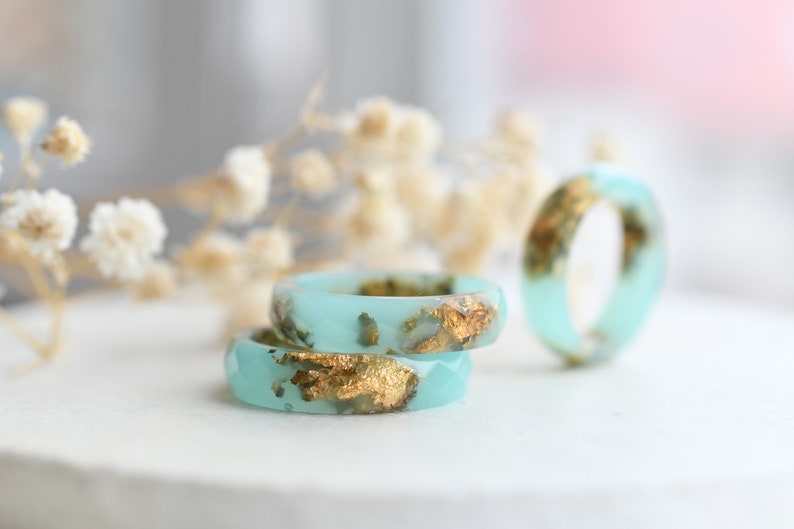 Turquoise Faceted Resin Ring With Gold Flakes - Purity Rings For Women - Faceted Ring - Resin Jewelry