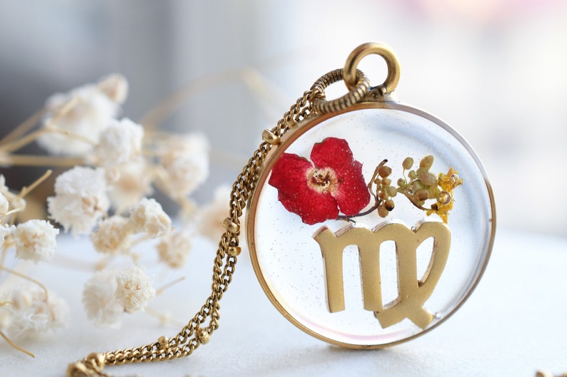 Virgo Zodiac Necklace - Wildflower Terrarium Necklace - Real Flower Resin Jewelry