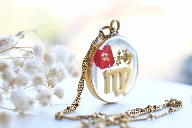Virgo Zodiac Necklace - Wildflower Terrarium Necklace - Real Flower Resin Jewelry