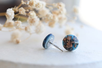 Blue Stud Earrings with Copper Flakes - Surgical Steel Post Earrings - Resin Jewelry