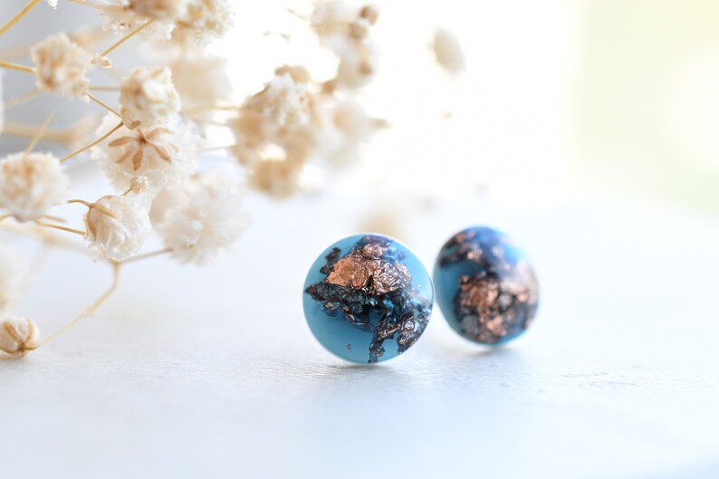 Blue Stud Earrings with Copper Flakes - Surgical Steel Post Earrings - Resin Jewelry