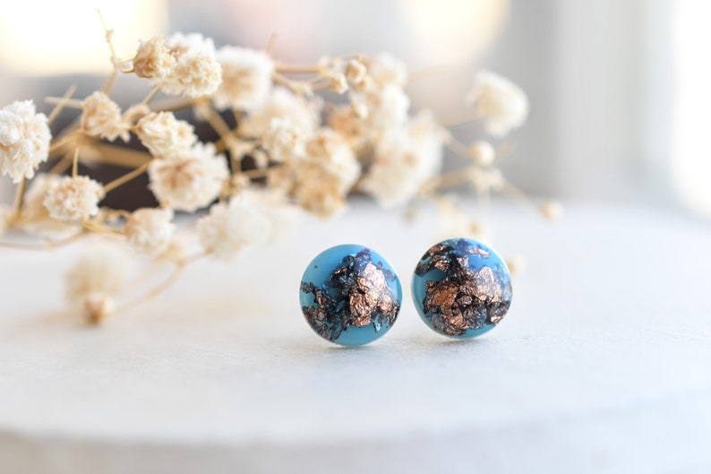 Blue Stud Earrings with Copper Flakes - Surgical Steel Post Earrings - Resin Jewelry