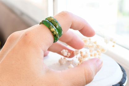 Radiant Green Resin Ring with Gold Flakes - Handmade Promise Ring