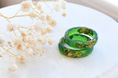 Radiant Green Resin Ring with Gold Flakes - Handmade Promise Ring