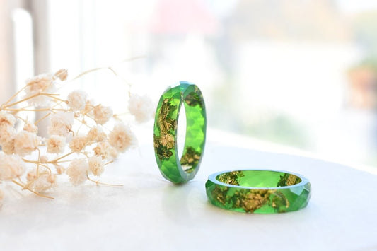 Radiant Green Resin Ring with Gold Flakes - Handmade Promise Ring
