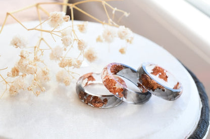 Grey and Transparent Faceted Resin Ring With Rose Gold Leaf - Alternative Engagement Rings - Men's Ring - Resin Jewelry