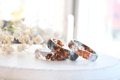 Grey and Transparent Faceted Resin Ring With Rose Gold Leaf - Alternative Engagement Rings - Men's Ring - Resin Jewelry