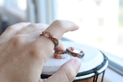 Grey and Transparent Faceted Resin Ring With Rose Gold Leaf - Alternative Engagement Rings - Men's Ring - Resin Jewelry