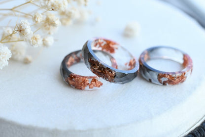 Grey and Transparent Faceted Resin Ring With Rose Gold Leaf - Alternative Engagement Rings - Men's Ring - Resin Jewelry