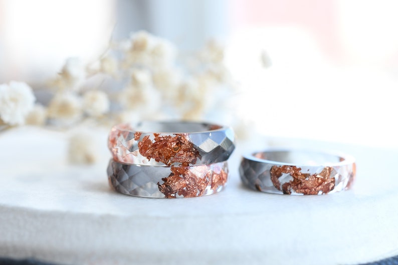 Grey and Transparent Faceted Resin Ring With Rose Gold Leaf - Alternative Engagement Rings - Men's Ring - Resin Jewelry