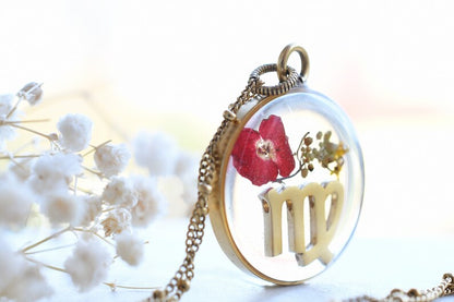 Virgo Zodiac Necklace - Wildflower Terrarium Necklace - Real Flower Resin Jewelry