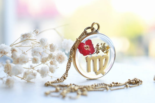 Virgo Zodiac Necklace - Wildflower Terrarium Necklace - Real Flower Resin Jewelry