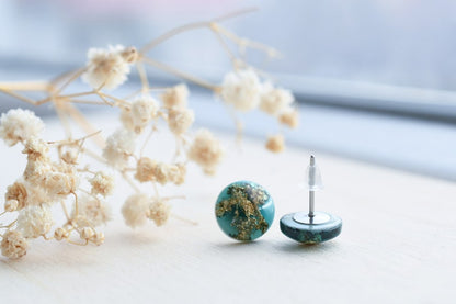 Dainty Emerald Stud Earrings with Gold Flakes - Bridesmaid Gift- Resin Jewelry