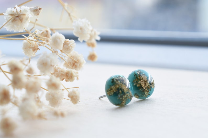 Dainty Emerald Stud Earrings with Gold Flakes - Bridesmaid Gift- Resin Jewelry