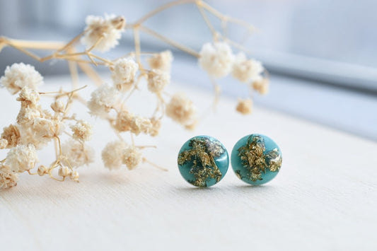 Dainty Emerald Stud Earrings with Gold Flakes - Bridesmaid Gift- Resin Jewelry