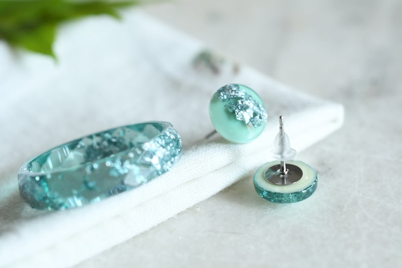 Aquamarine Jewelry Set - Resin Ring Stud Earrings with Silver Flakes - Surgical Steel Post Earrings