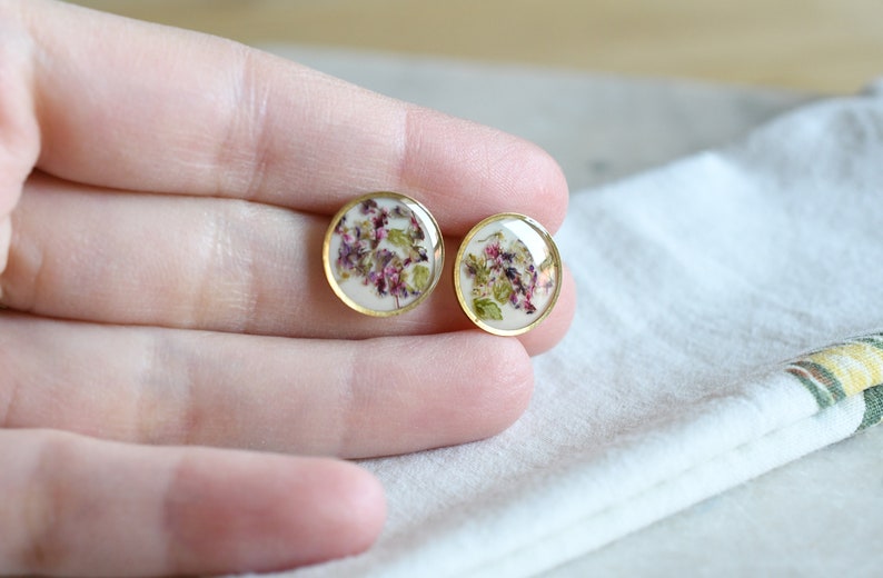 Crushed Flowers Stud Earrings - Surgical Steel Post Earrings - Dried Flowers Earrings - Real Flower Jewelry