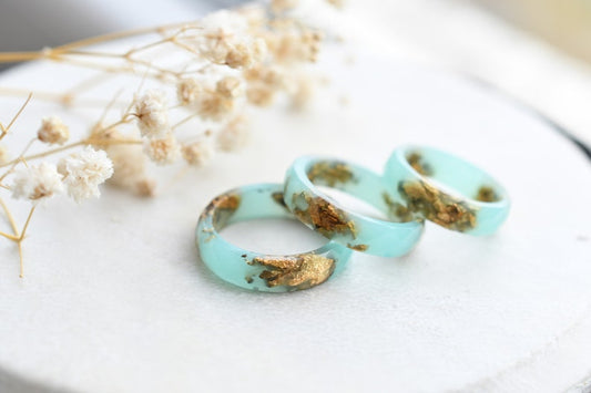 Turquoise Faceted Resin Ring With Gold Flakes - Purity Rings For Women - Faceted Ring - Resin Jewelry