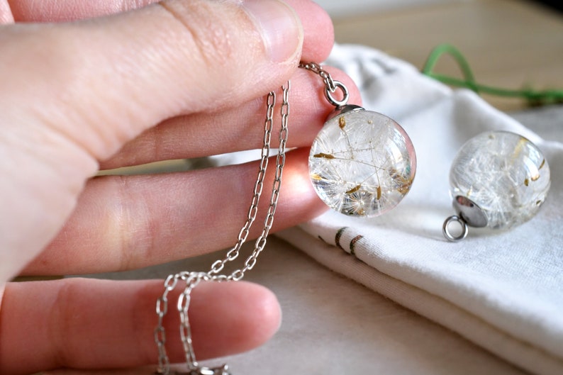 Dandelion Seed Necklace - Resin Sphere Pendant- Make a Wish Resin Jewelry - Pressed Flower Resin Jewelry
