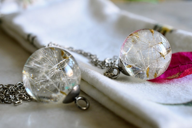 Dandelion Seed Necklace - Resin Sphere Pendant- Make a Wish Resin Jewelry - Pressed Flower Resin Jewelry