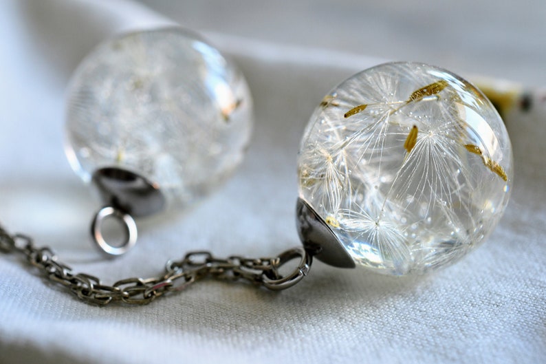 Dandelion Seed Necklace - Resin Sphere Pendant- Make a Wish Resin Jewelry - Pressed Flower Resin Jewelry
