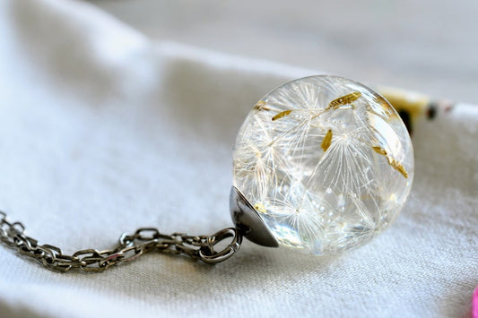 Dandelion Seed Necklace - Resin Sphere Pendant- Make a Wish Resin Jewelry - Pressed Flower Resin Jewelry