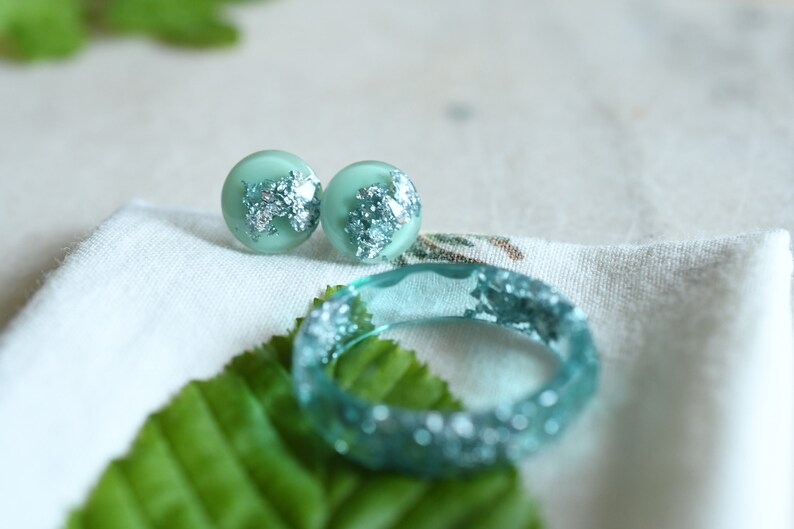 Aquamarine Jewelry Set - Resin Ring Stud Earrings with Silver Flakes - Surgical Steel Post Earrings